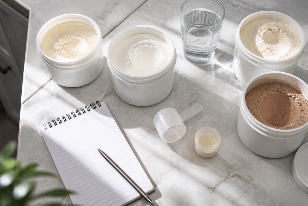 Overhead view of supplement containers, powder scoops, and a notepad on clean kitchen counter with natural morning light streaming across