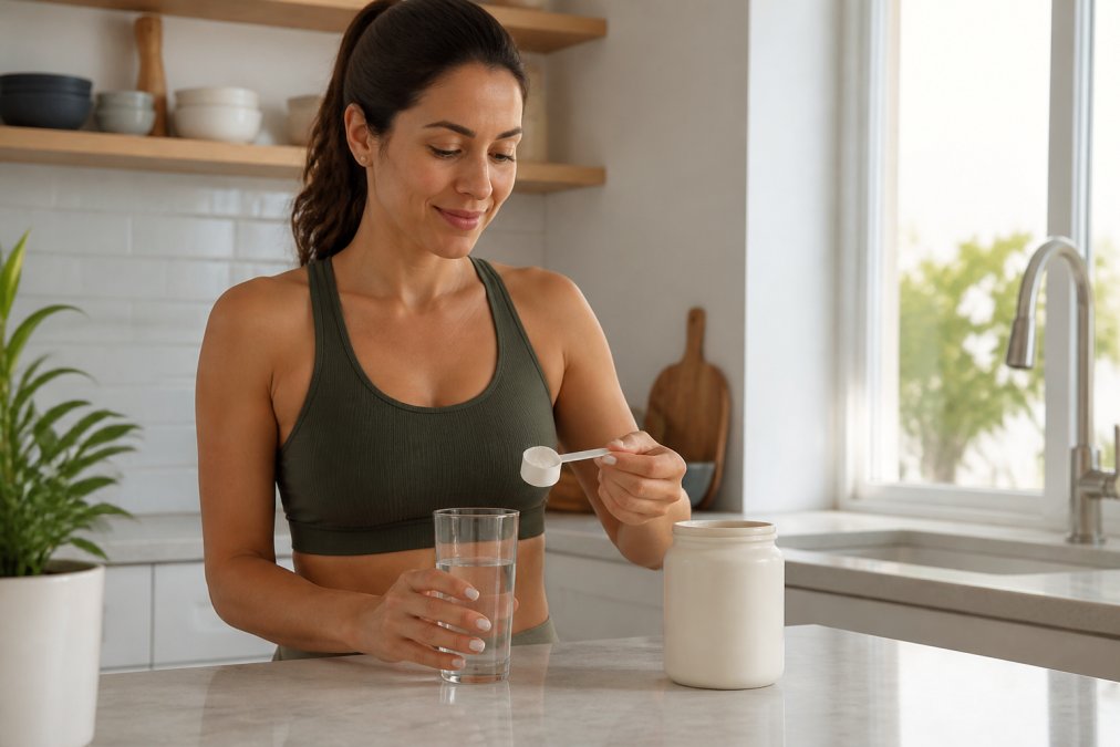 A woman in her 30s holding a glass of water with a scoop of unflavored collagen powder beside it on a kitchen counter, morning light coming through a window, showing the daily mixing routine