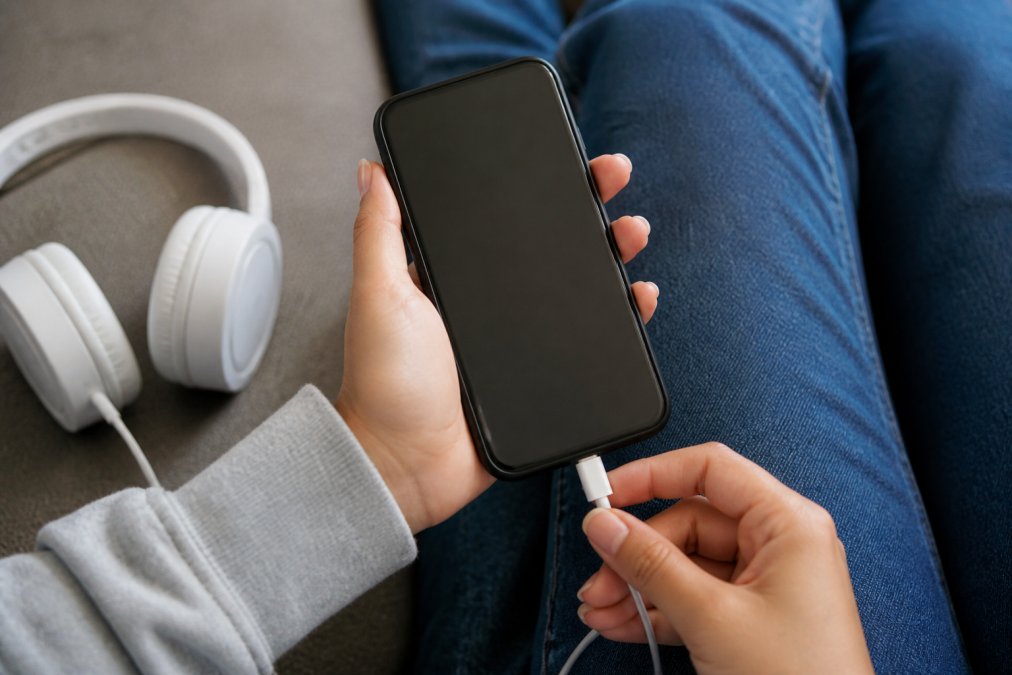 A smartphone displaying an audio app interface with download and offline listening options visible, showing storage usage and bitrate settings