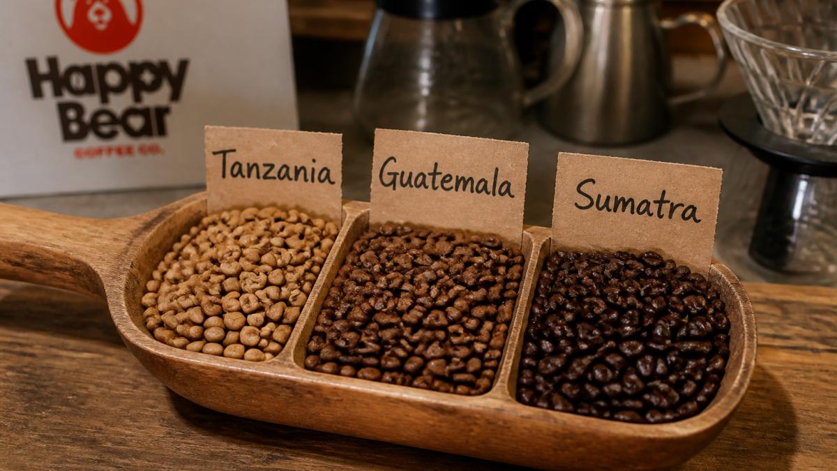 Close-up of whole coffee beans in a wooden scoop with visible color variation between light tan, medium brown, and dark roasted beans, with handwritten origin labels showing "Tanzania," "Guatemala," "Sumatra"