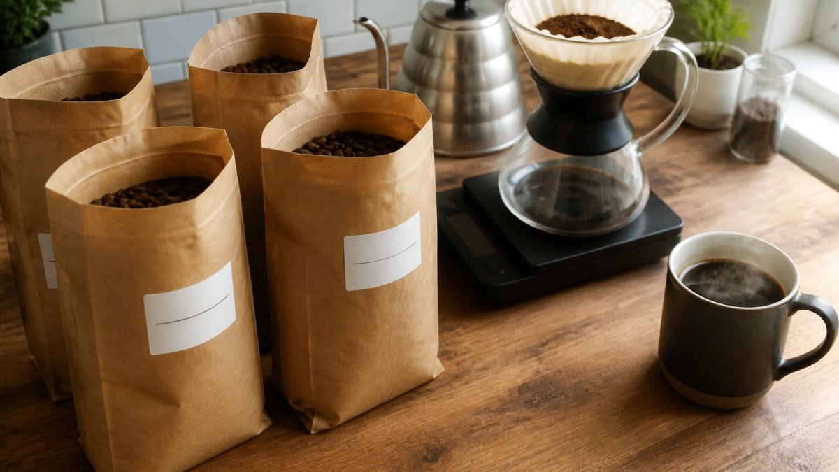 A flat-lay photograph of several bags of freshly roasted coffee beans from theITDGroup LLC, each with a visible roast date label, arranged next to a pour-over dripper, a digital scale, and a steaming cup of coffee on a wooden kitchen counter