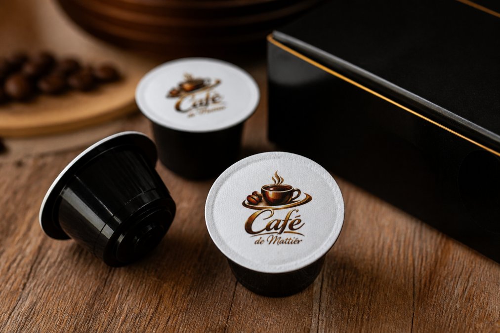 Close-up of premium specialty coffee pods arranged on a wooden surface, showing rich colors and detailed packaging labels with origin information, tasting notes, and altitude markers