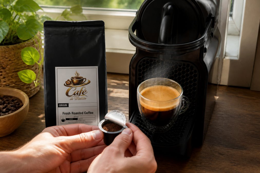 Hands holding a freshly opened specialty coffee pod positioned over a Nespresso machine, steam rising from a freshly brewed cup showing rich crema and dark amber color, natural morning light streaming through a window