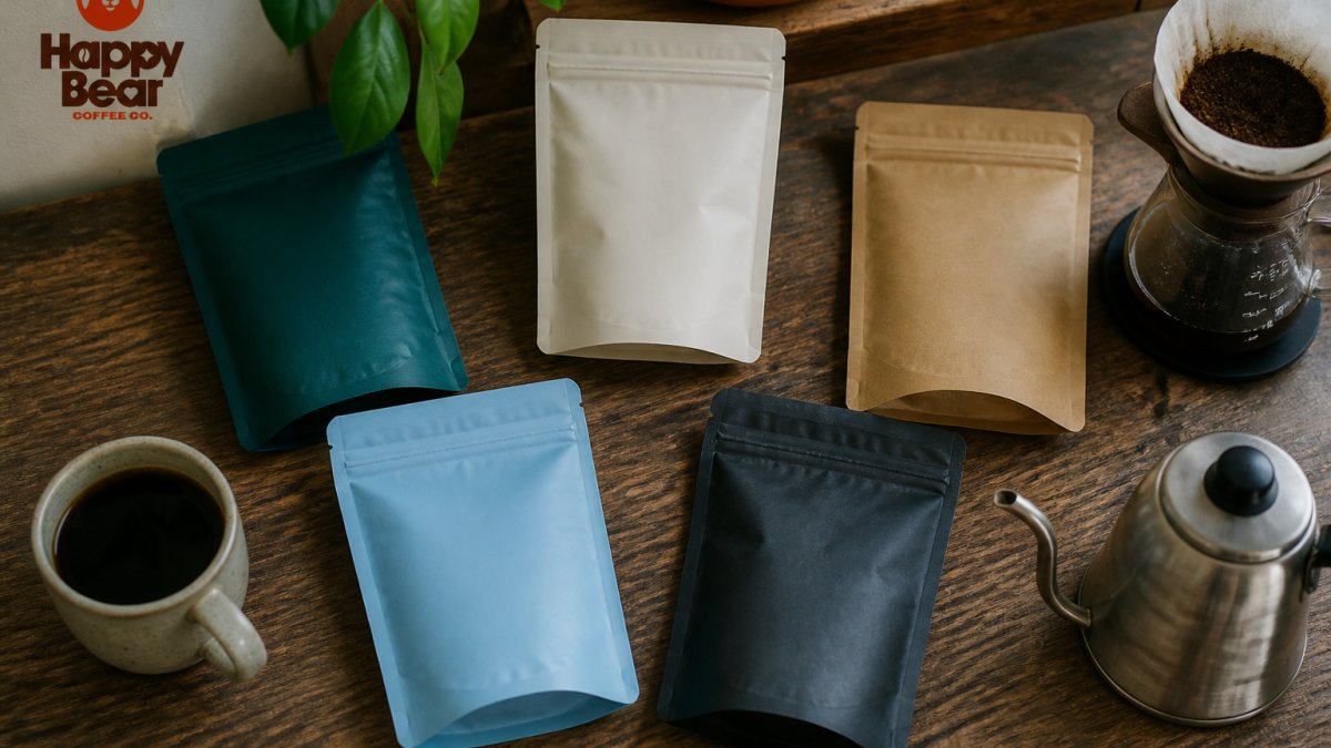 Overhead flat lay of five different coffee bags arranged on a wooden table with a pour-over dripper and a cup of coffee, soft natural window light