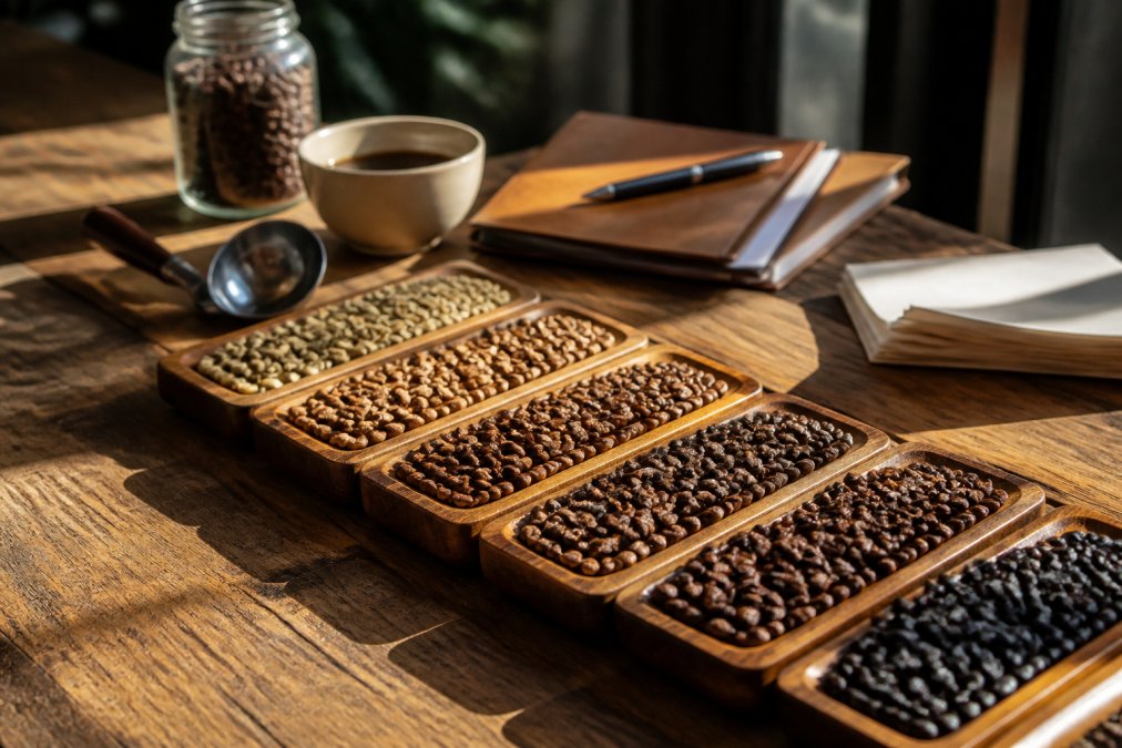Close-up of whole bean coffee samples arranged on a wooden surface with a cupping spoon, tasting notes card, and natural morning light streaming across different roast levels