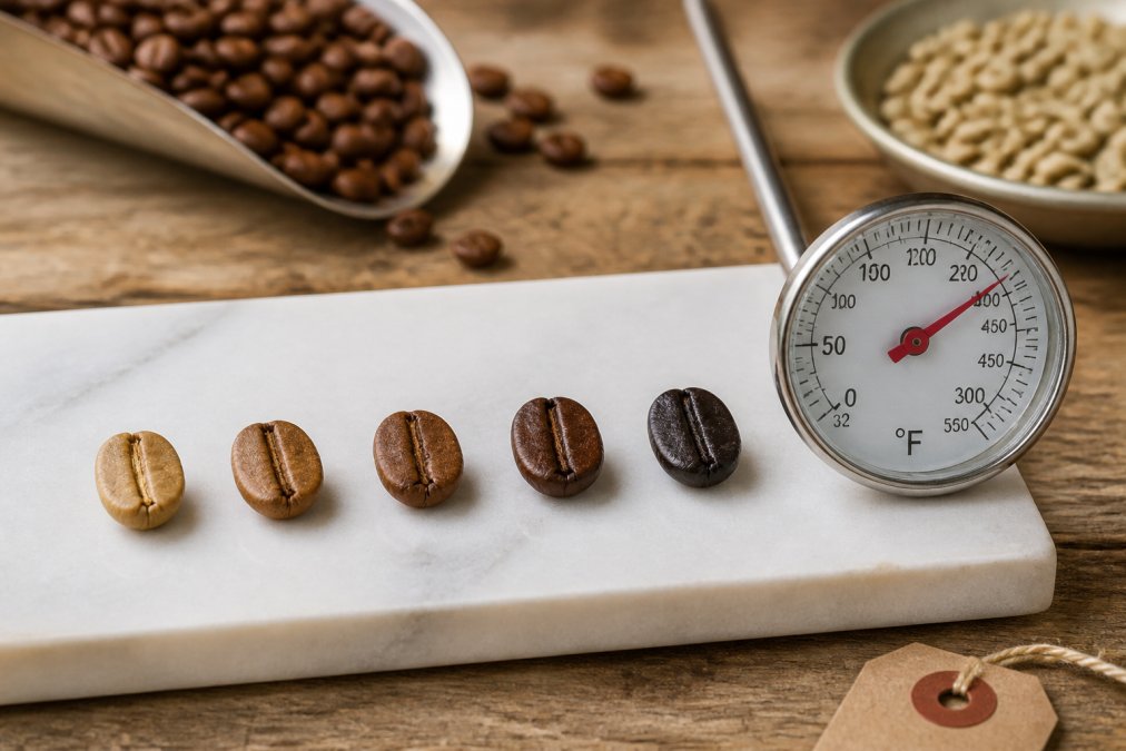 Five coffee beans arranged in progression from light tan to nearly black, showing the visible color change across roast stages, with a roasting thermometer and roast date label visible