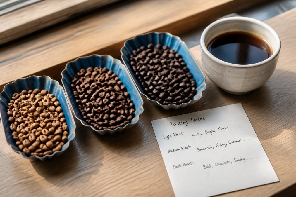 Close-up of whole coffee beans in three distinct roast levels arranged from light to dark, with a ceramic cupping bowl containing brewed coffee and a handwritten tasting notes card showing flavor descriptors like "fruity," "chocolate," and "caramel" on a light wooden surface with natural window light