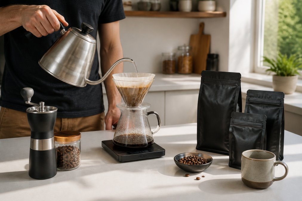 Home barista pouring hot water into a pour-over cone filled with freshly ground coffee beans, with a stainless steel kettle, digital scale, and whole bean bags from different origins arranged on a clean white countertop, natural morning light streaming through a window