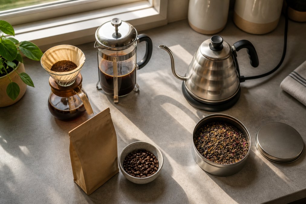 Pour-over dripper and French press set up for a blue bottle vs atlas tea club brewing comparison in a sunlit kitchen