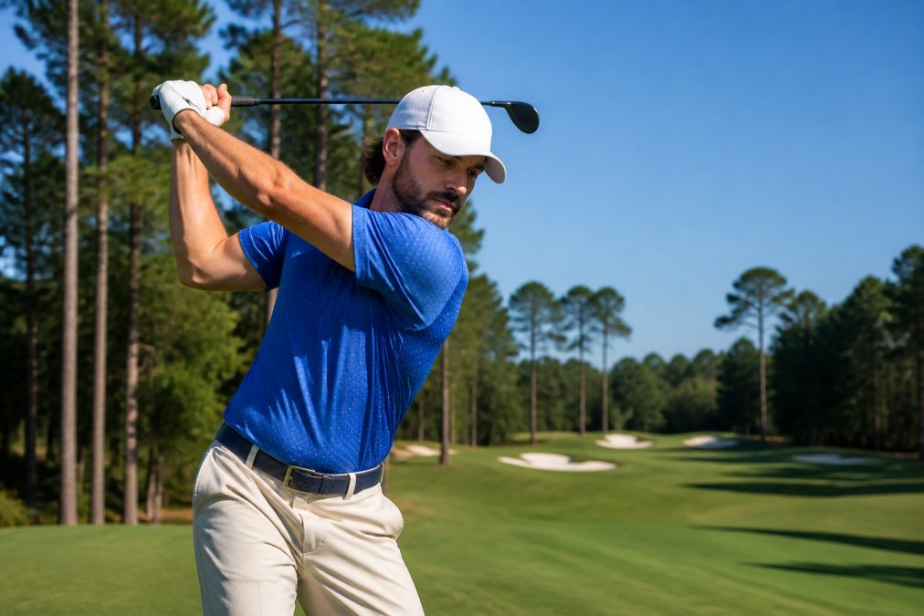 Diagram comparing traditional, athletic, and relaxed fits of blue golf shirts on a golfer mid-swing