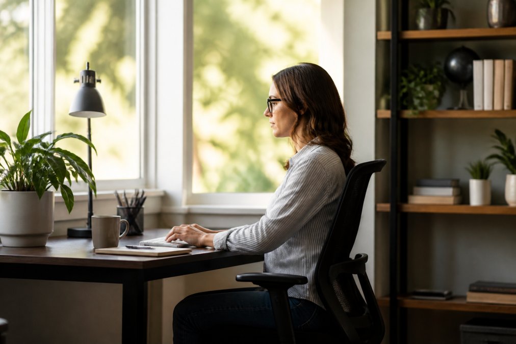 Person sitting at ergonomic desk with monitor positioned below eye level, proper arm height, natural side lighting from window, relaxed posture with feet flat