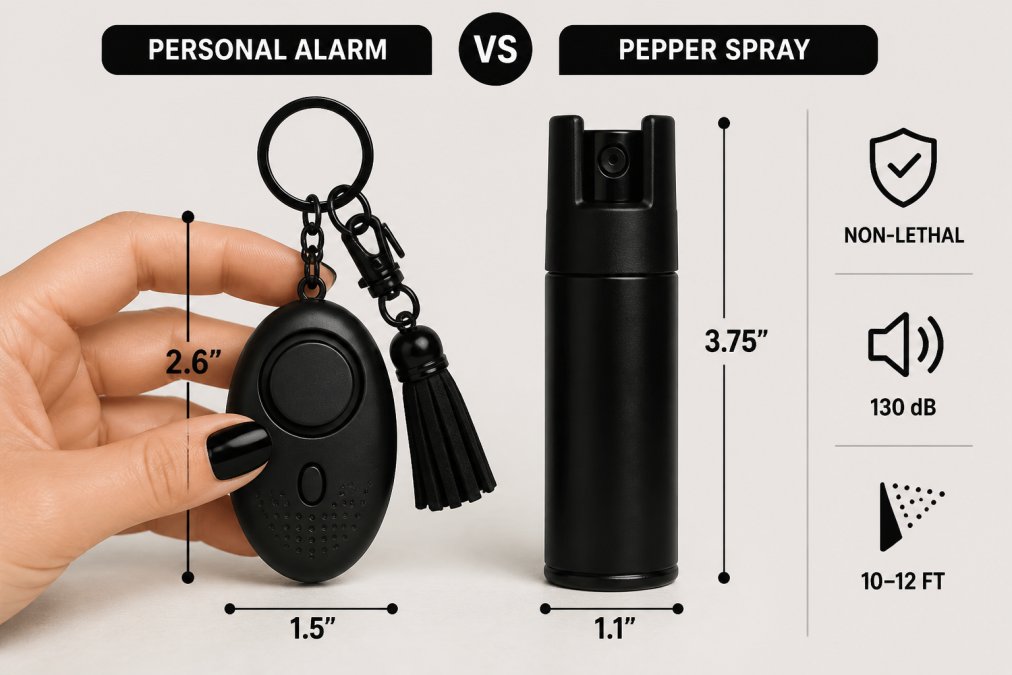 Close-up of a woman's hand holding a personal alarm keychain next to a pepper spray canister, both displayed on a neutral surface showing size and design differences