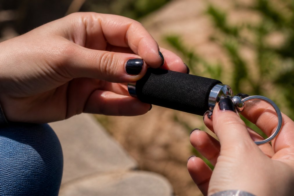 Close-up of hands holding and examining a premium self-defense keychain, showing grip texture, metal construction details, and foam grip material in natural daylight