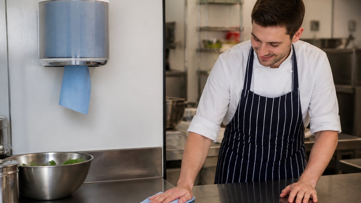 A wall-mounted centrefeed dispenser in a commercial kitchen, with a blue roll feeding through and a staff member pulling a sheet to wipe a stainless steel counter