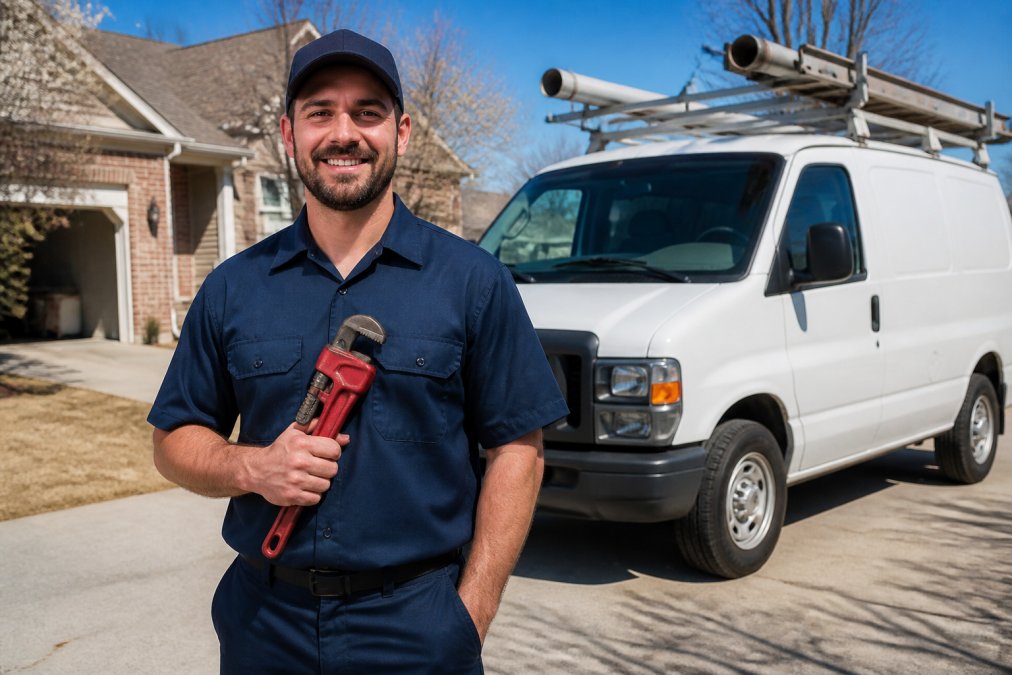 A professional plumber in a clean uniform and cap smiling while holding a wrench, standing in front of a well-organized white service van in a residential Denver neighborhood driveway