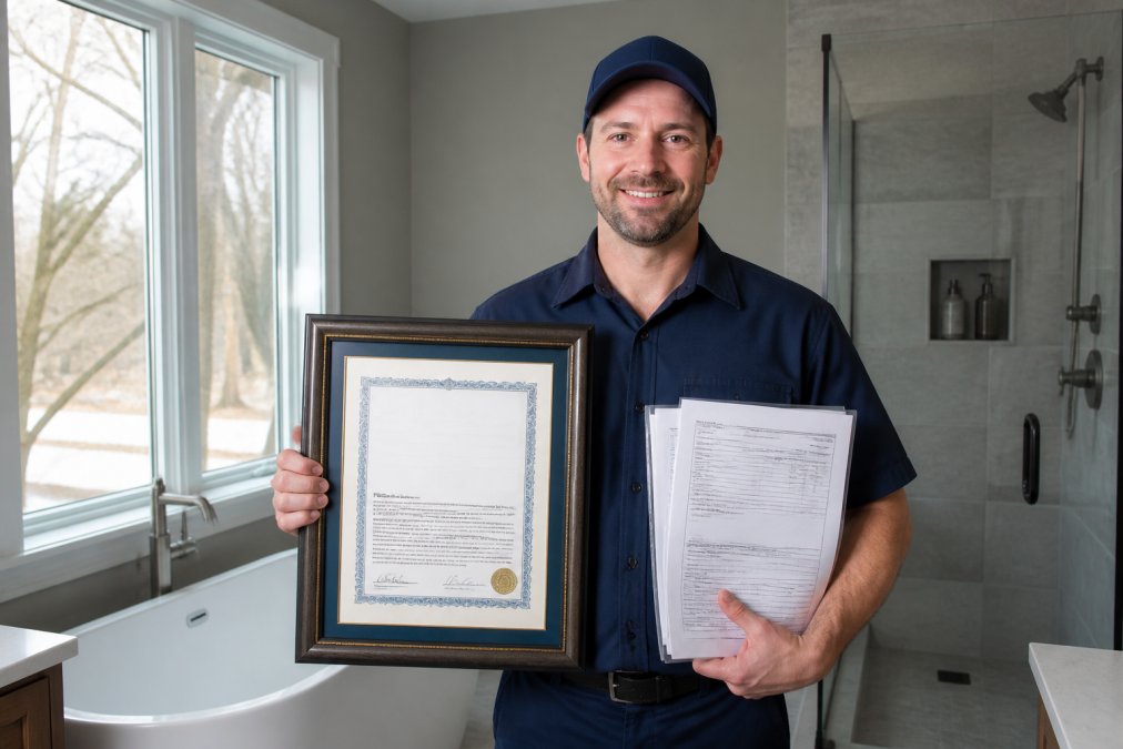 Licensed plumber in work uniform holding framed certification documents and insurance paperwork while standing in a residential bathroom with modern fixtures and natural lighting