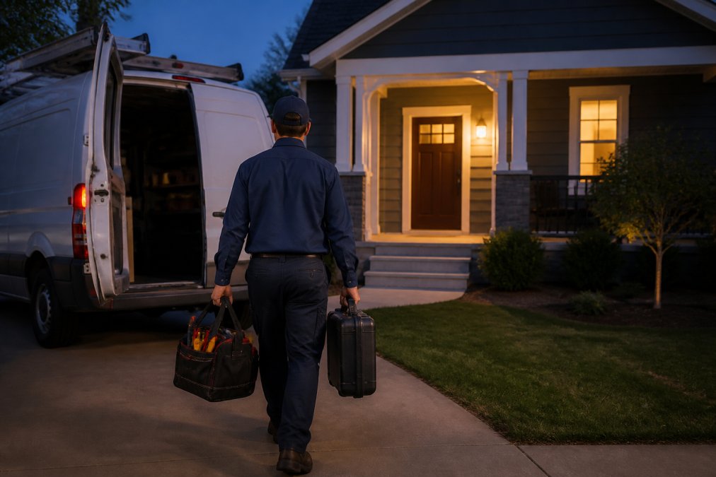 Plumber in Blue Sky Plumbing service truck arriving at residential home during evening hours, carrying tool bag and equipment cases toward front door with porch light illuminated