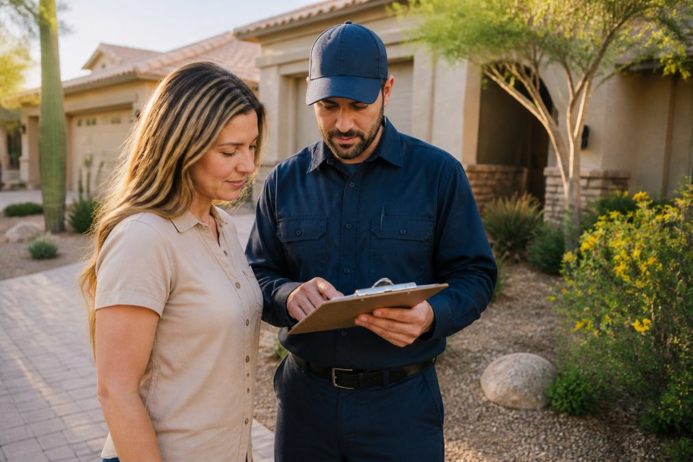 Pest control technician reviewing a service checklist with a homeowner outside an Arizona house