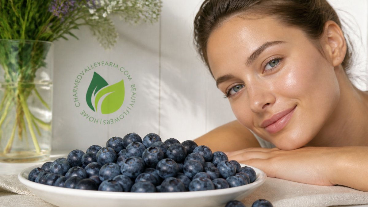 Close-up of fresh blueberries on a white plate with a woman's glowing, healthy face in soft natural light in the background