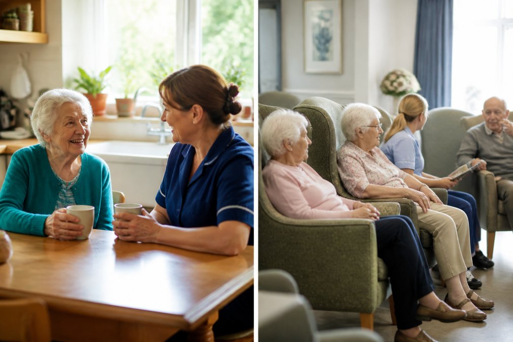A compassionate female carer sitting beside an elderly woman at a kitchen table, sharing a cup of tea in a warm, sunlit kitchen with potted plants on the windowsill