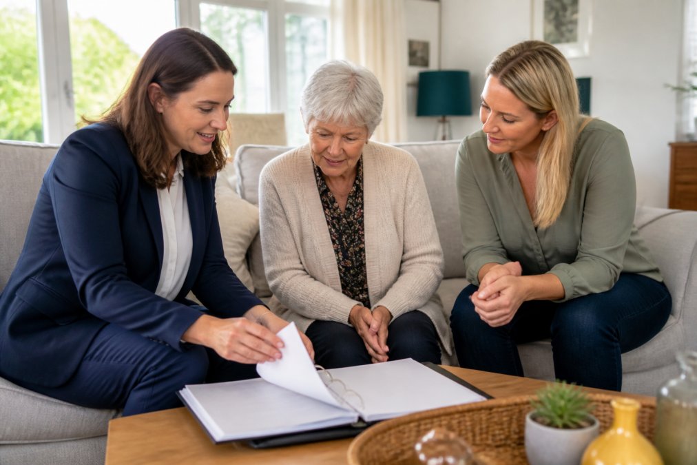 An adult daughter and her elderly mother reviewing care plan paperwork together with a professional care consultant in a bright, modern living room, natural daylight coming through large windows