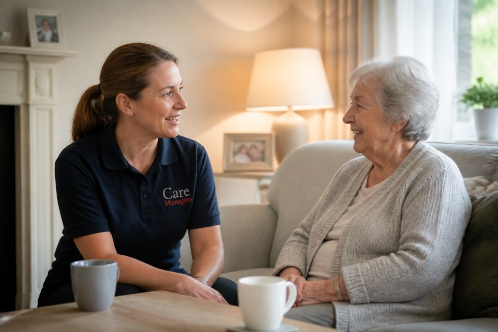 A professional female carer in her 40s having a warm conversation with a senior woman in a bright, comfortable living room, both smiling naturally