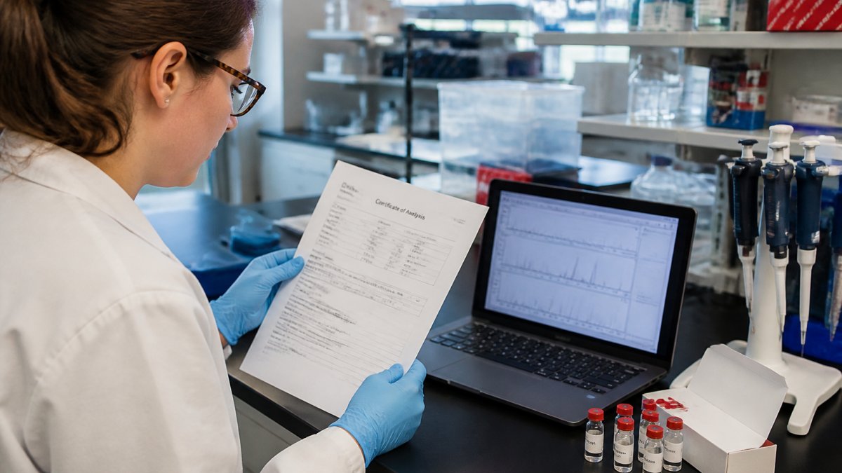 A laboratory researcher in a white coat examining a printed Certificate of Analysis document beside a laptop showing analytical data, with peptide vials visible on the bench