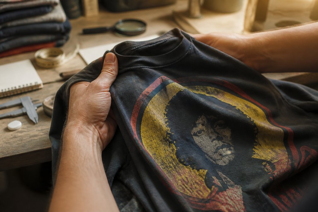 Close-up of hands holding and feeling the soft cotton fabric of a vintage-style rock band t-shirt, examining the thick, detailed print quality under warm natural light