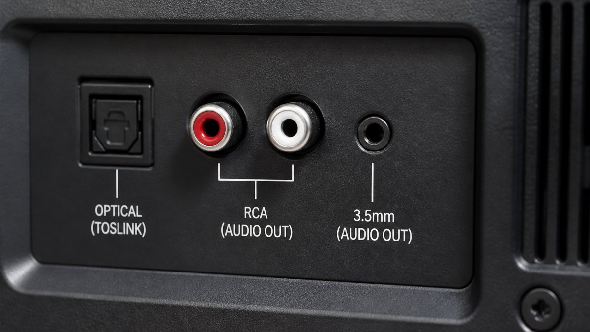 A close-up of the back panel of a TV showing an optical TOSLINK port, red and white RCA jacks, and a 3.5mm headphone jack, with labeled callouts pointing to each