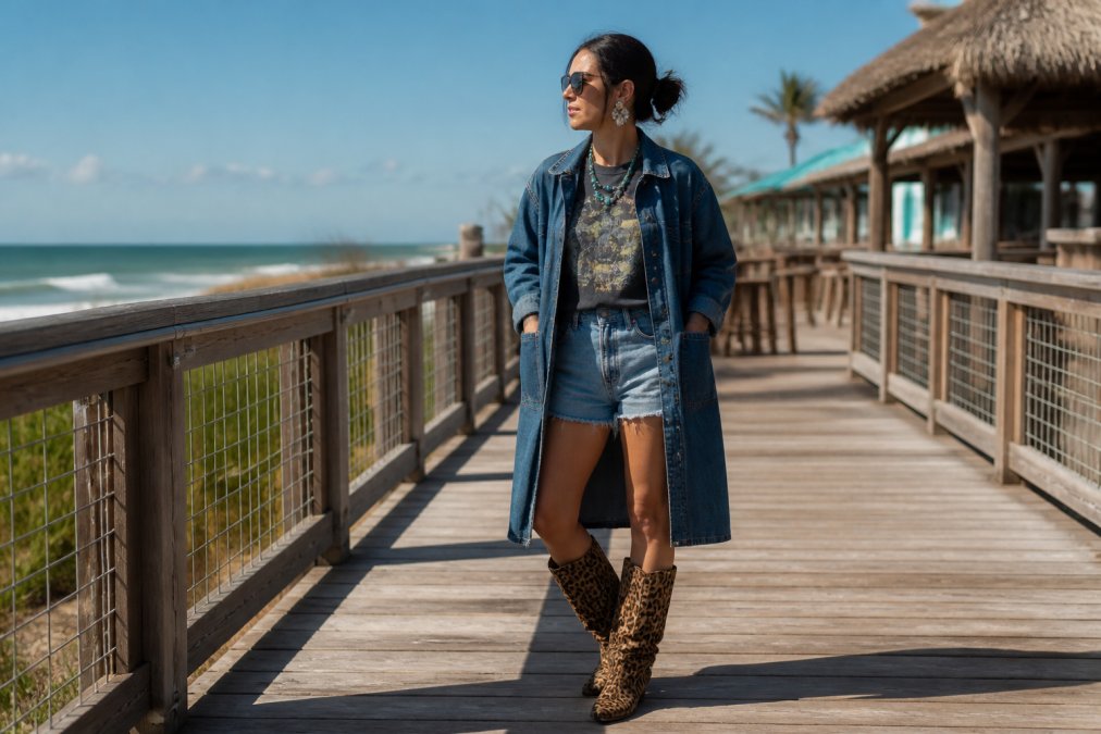 Woman on a sunny boardwalk in curated western wear, featuring a denim barn coat, graphic tee, and leopard print boots.