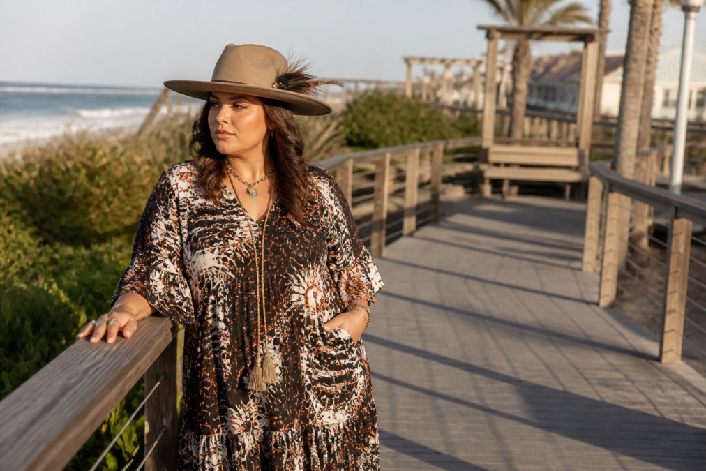 A woman wearing a wide-brim wool cowboy hat with a detachable feather fascinator, paired with a graphic print maxi dress, standing outdoors near a coastal boardwalk with warm afternoon light