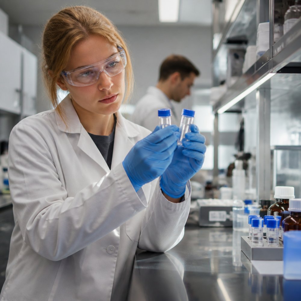 Laboratory technician examining peptide sample vials under precise lighting in a sterile research facility, with analytical equipment visible in background