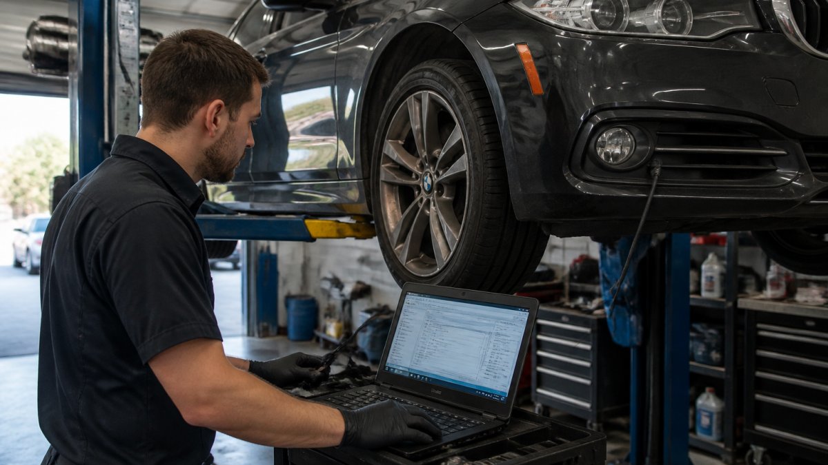 Mechanic using a diagnostic scan tool on a luxury vehicle in an auto repair shop
