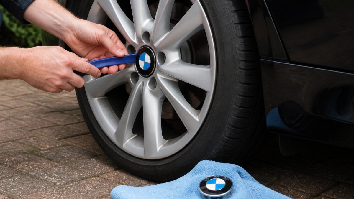 Close-up of a person's hands using a plastic trim tool to gently pry a roundel center cap from an alloy wheel on a car in a driveway, with a microfiber cloth and new cap resting nearby
