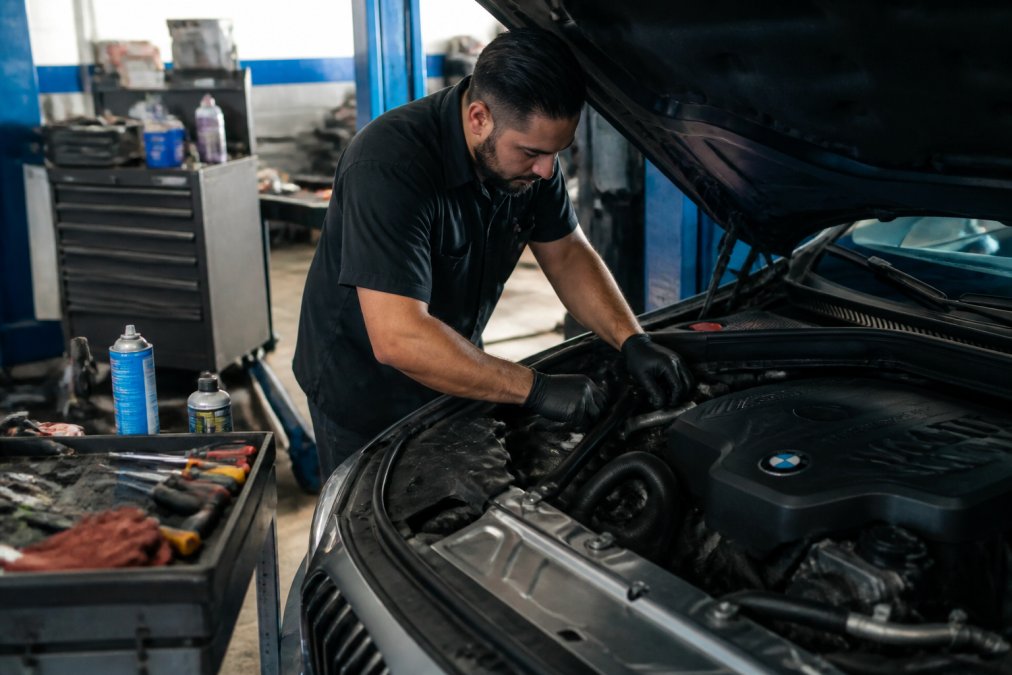 Technician inspecting a BMW engine bay in an independent auto repair shop to simplify BMW ownership