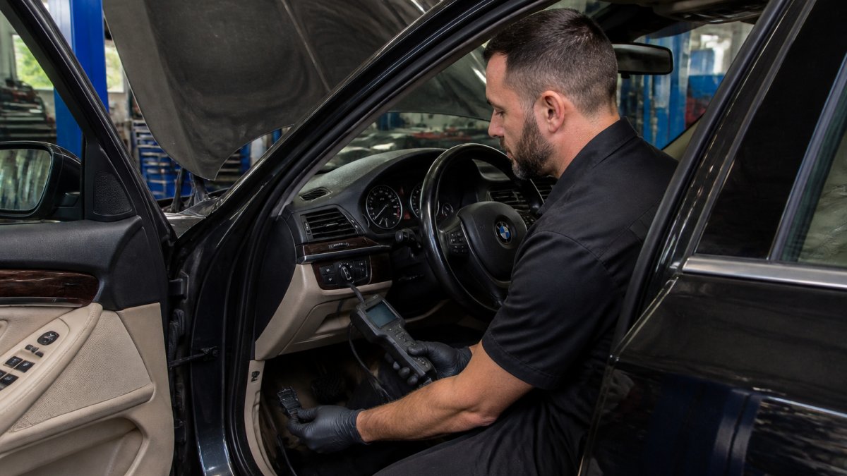 Technician using a diagnostic scanner on a vehicle engine in a shop