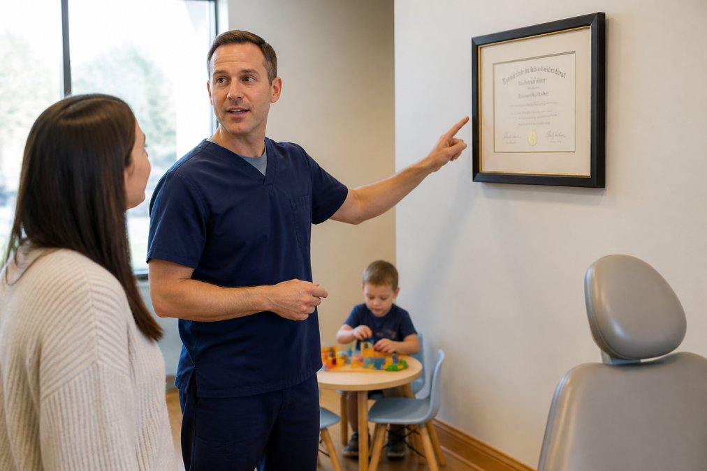 A pediatric dentist in a bright, child-friendly office showing a framed certificate on the wall to a parent, with a young child playing with colorful toys in the background under warm natural lighting A pediatric dentist in a bright, child-friendly office showing a framed certificate on the wall to a parent, with a young child playing with colorful toys in the background under warm natural lighting