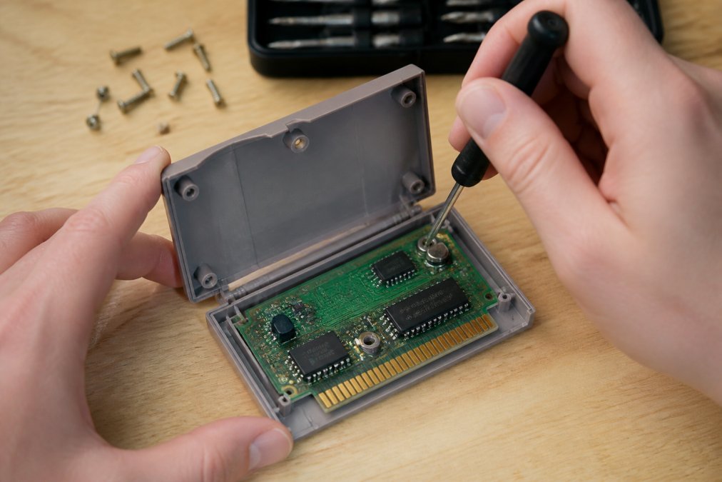 Close-up of hands carefully opening a retro game cartridge with security bit screwdriver, showing the internal circuit board with visible manufacturer stamps and revision numbers