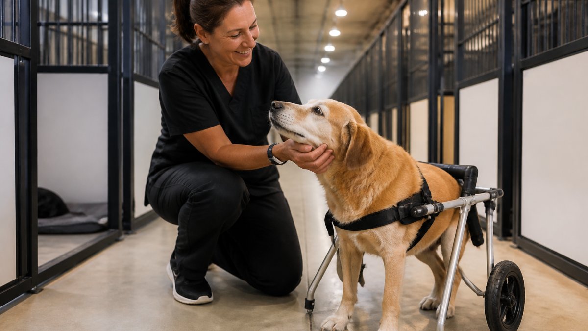 A professional pet care staff member kneeling beside a senior dog in a wheelchair harness inside a clean, climate-controlled boarding facility with private runs visible in the background