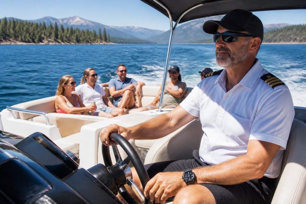 USCG-licensed captain confidently steering a boat through clear water with passengers relaxed and smiling in the background on a sunny day