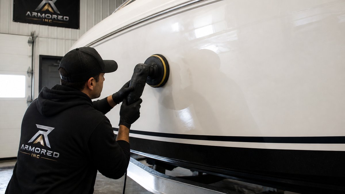 Professional boat detailer buffing and polishing the hull of a fiberglass boat with an orbital polisher, revealing a deep shine and mirror-like reflection on the white gel coat surface