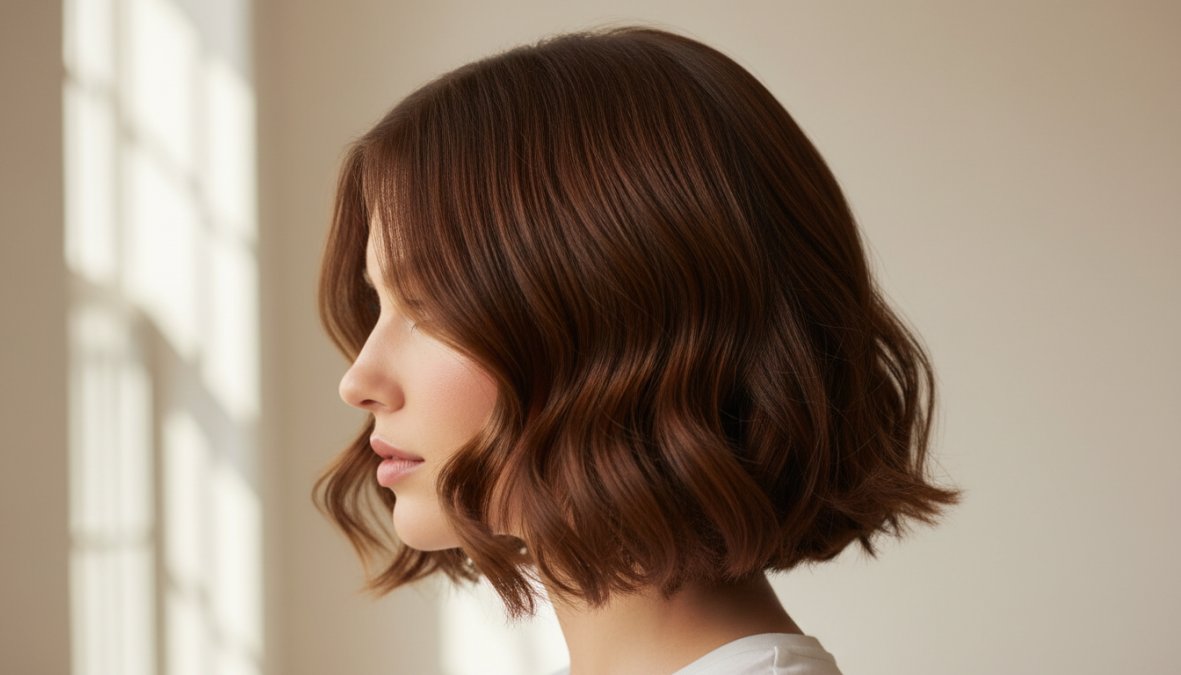 Una donna con un elegante bob corto mosso e onde naturali, capelli castani lucidi con movimento, fotografata di profilo in uno studio luminoso con sfondo neutro