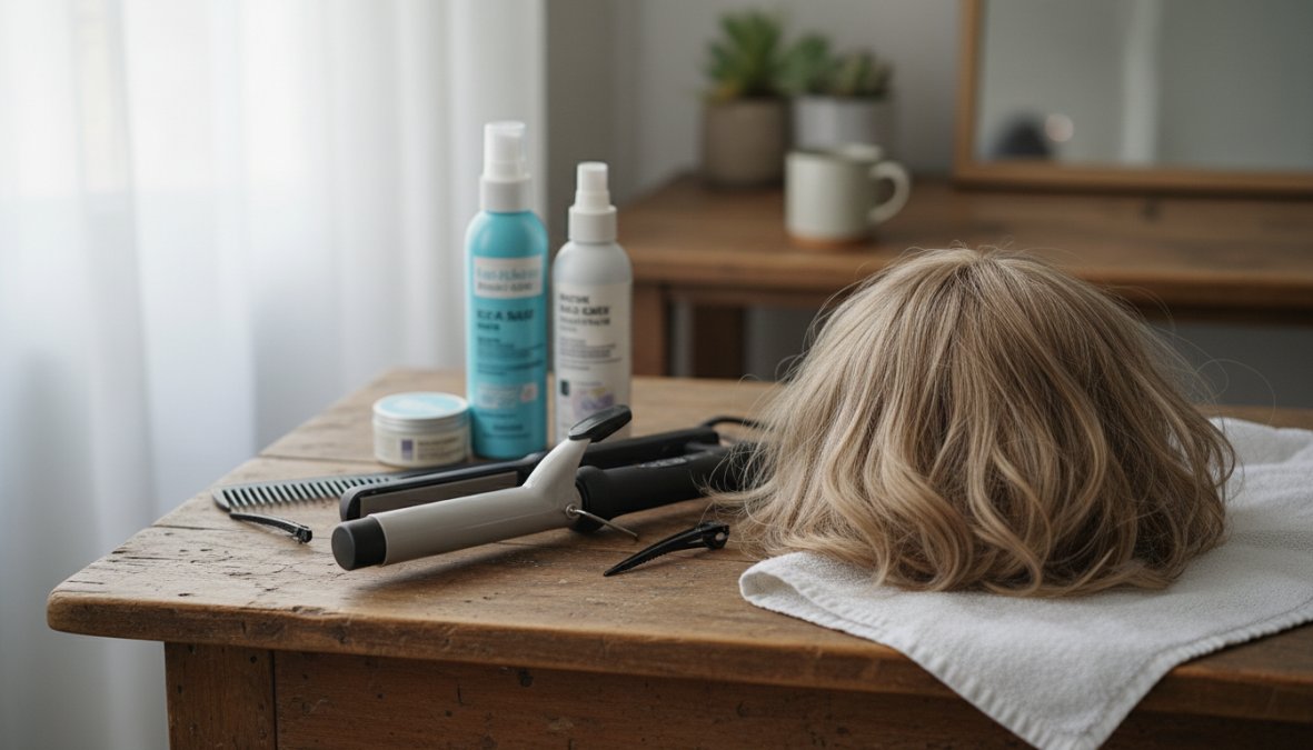 Primo piano delle mani di una parrucchiera che utilizza un ferro arricciacapelli su un bob corto, con ciocche di capelli mossi già definite visibili sullo sfondo di un salone moderno