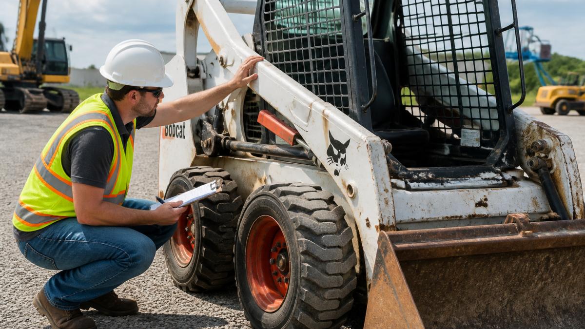 A construction worker in safety gear inspecting a used Bobcat skid steer loader on a gravel lot, checking the lift arms and tires with a clipboard in hand