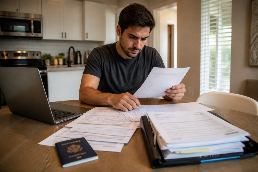 A young professional sitting at a kitchen table with a laptop, passport, pay stubs, and a folder of documents spread out, reviewing a rental application form in a bright apartment