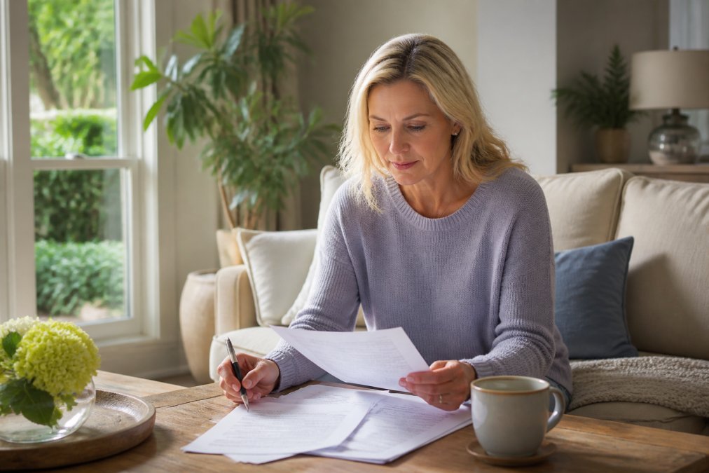 Professional reviewing lease renewal documents at home with cup of coffee, sitting in comfortable living room with natural light from windows