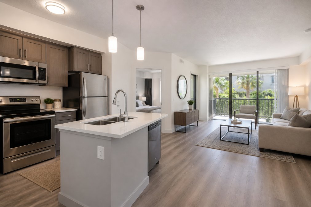Modern apartment interior with stainless steel appliances, quartz countertops, and bright natural light streaming through large windows, showing a contemporary one-bedroom layout with comfortable furnishings