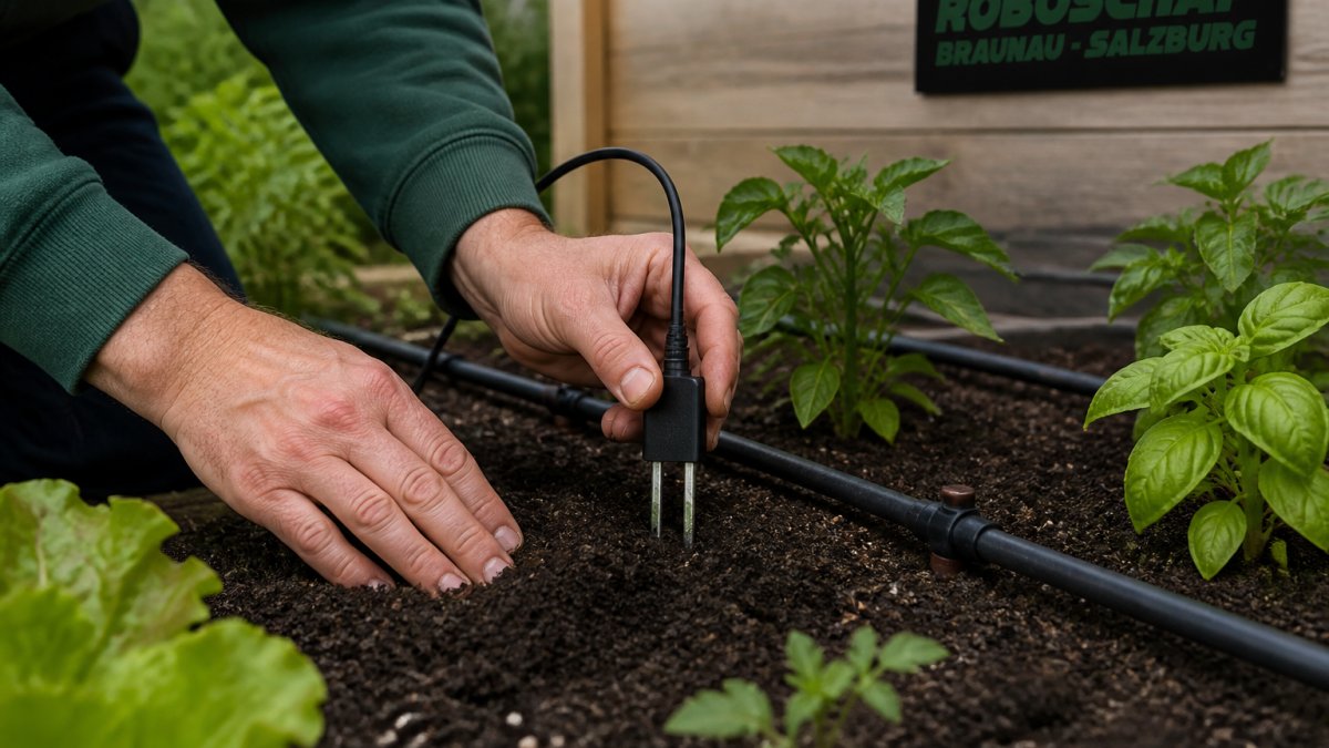 A close-up of hands inserting a soil moisture sensor probe into the root zone of a garden bed, with drip irrigation lines visible in the background and moist dark soil around the sensor