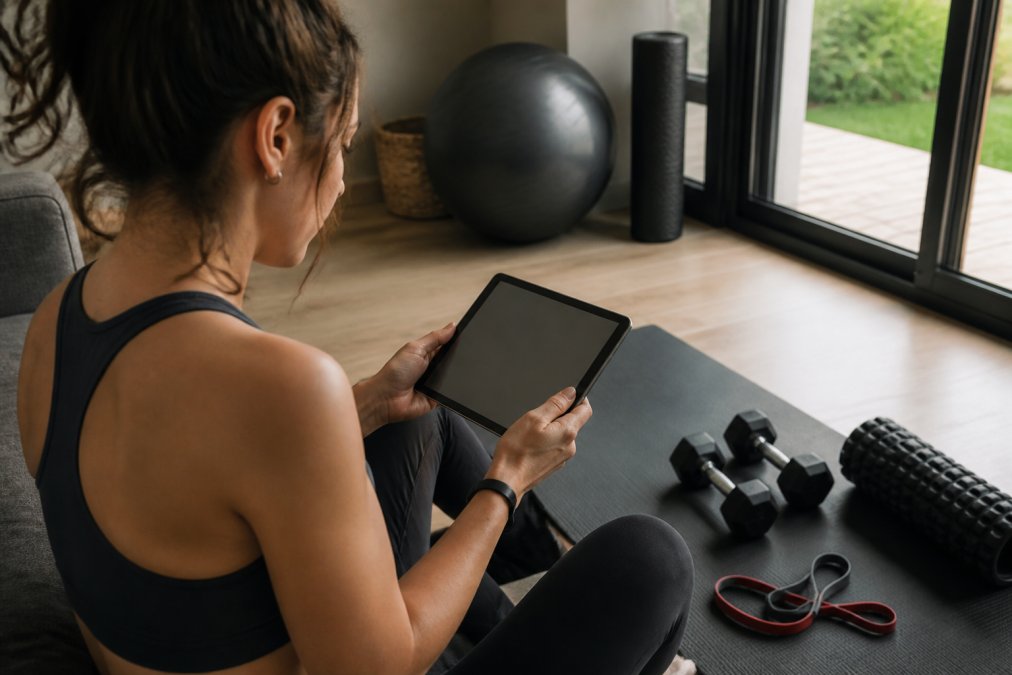 Person at home reviewing fitness app options on tablet with dumbbells and resistance bands visible on workout mat nearby