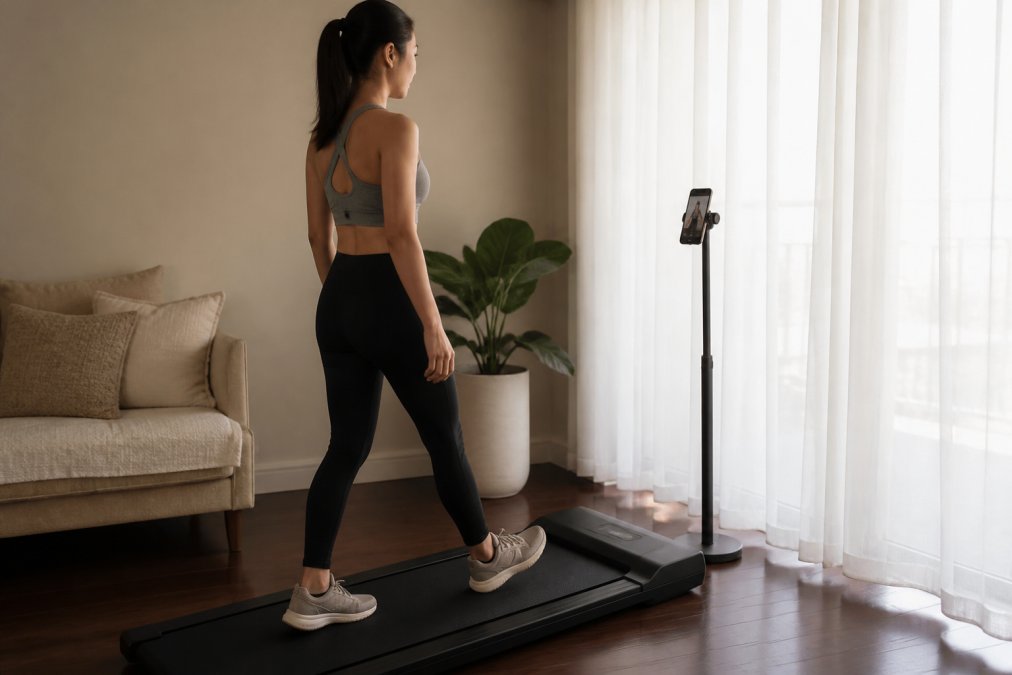 Someone working out at home on a walking pad treadmill with smartphone mounted showing fitness app interface, wearing casual workout clothes